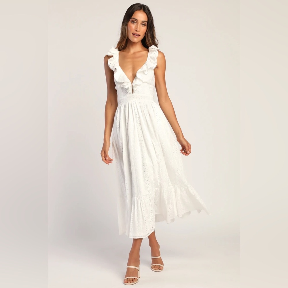 Lulu’s Sicilian Sun White Eyelet Embroidered Ruffled Lace-Up Midi Dress